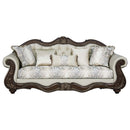 Pierce 93" Sofa w/5 Pillows, Beige Fabric & Cherry Finish Acme