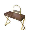 Coleen Vanity Desk w/Mirror & Jewelry Tray, Walnut & Gold Finish Acme