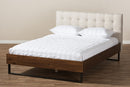Ronda Walnut Wood Beige Fabric Dark Bronze Metal King Size Platform Bed Baxton