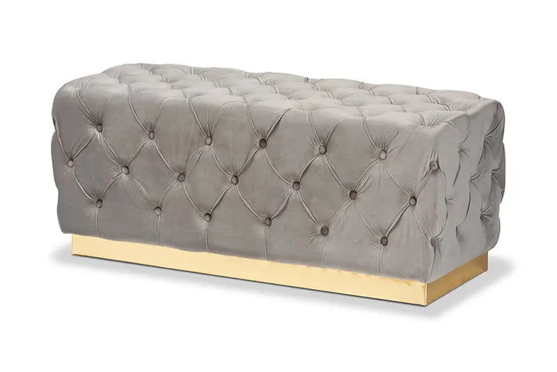 Cassandra Grey Velvet Fabric Upholstered/Gold PU Leather Ottoman iHome Studio