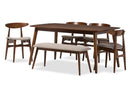 Elara Light Gray Fabric and "Oak" Medium Brown Finishing Wood 6-Piece Dining Set Baxton