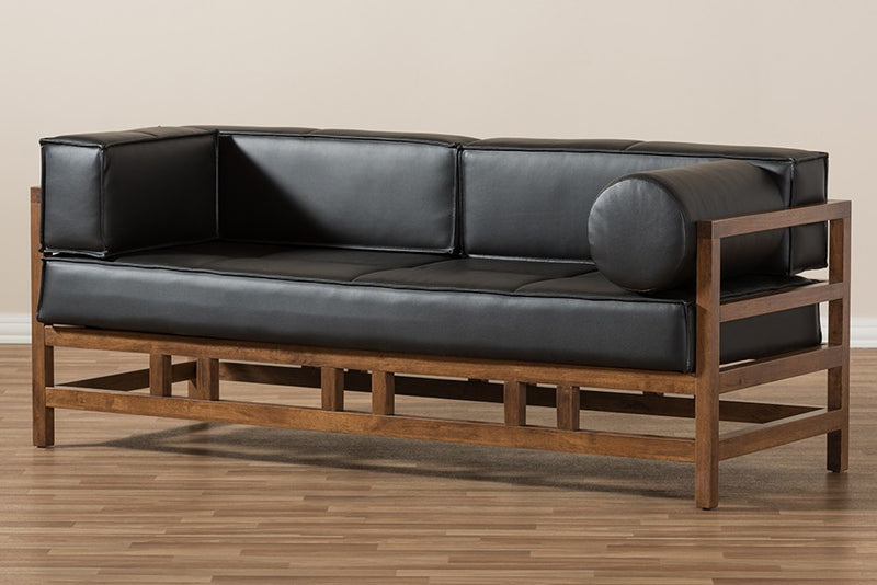 Shaw Pine Black Faux Leather Walnut Wood 2-Seater Sofa iHome Studio