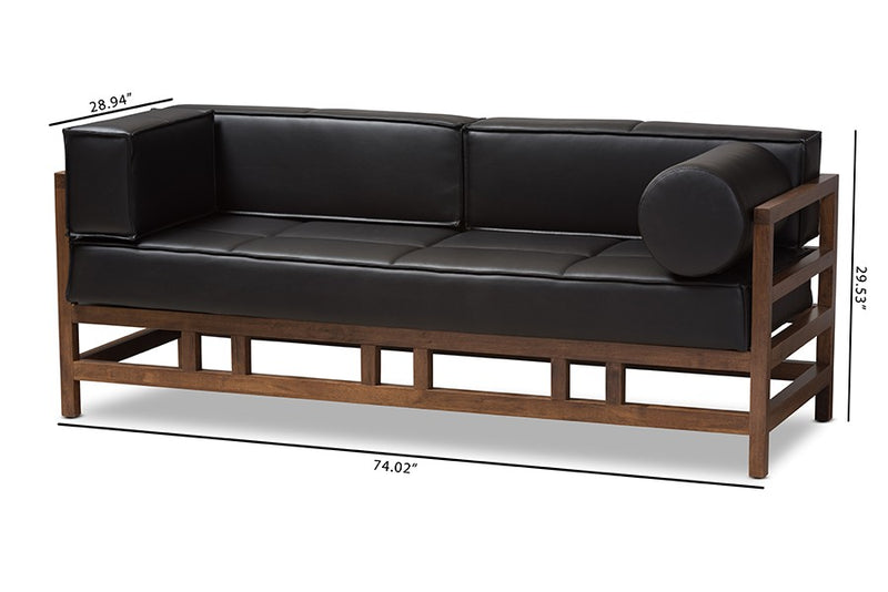 Shaw Pine Black Faux Leather Walnut Wood 2-Seater Sofa iHome Studio