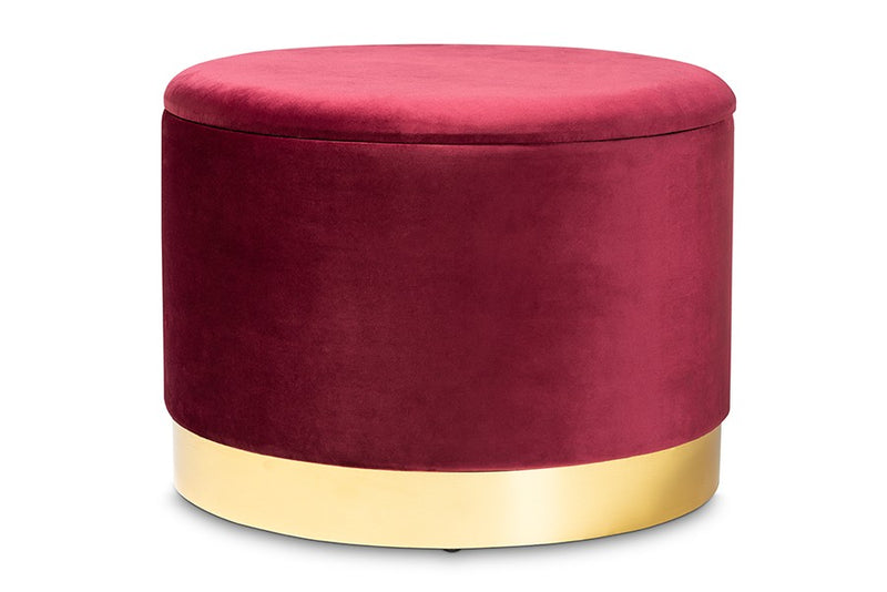 Adam Red Velvet Fabric Upholstered Gold Finished Storage Ottoman iHome Studio