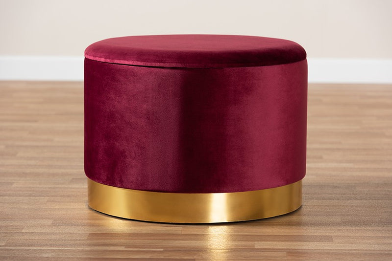 Adam Red Velvet Fabric Upholstered Gold Finished Storage Ottoman iHome Studio