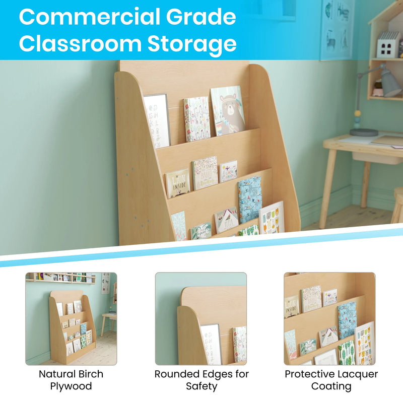 4 Shelf Single-Sided Kids Natural Wooden Book & Magazine Display Stand iHome Studio