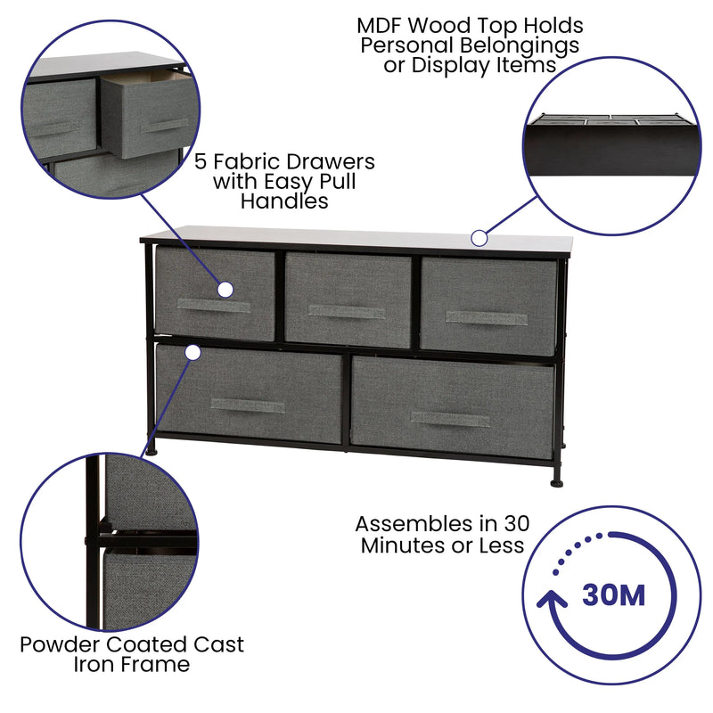 5 Drawer Vertical Storage Dresser w/Dark Grey Easy Pull Fabric Drawers iHome Studio