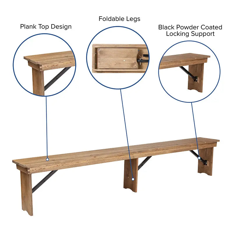 8' x 12'' Antique Solid Pine Folding Farm Bench with 3 Legs iHome Studio