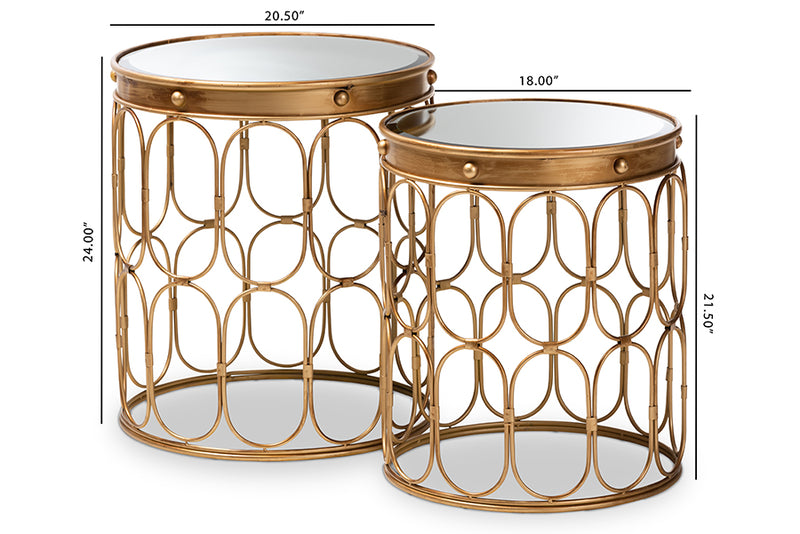 Max Antique Gold Metal, Mirrored Glass 2-Piece Stackable Accent Table Set iHome Studio