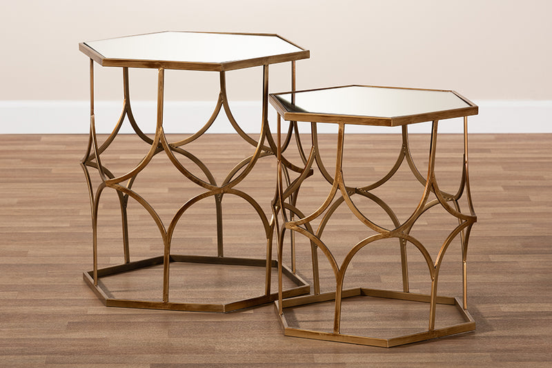 Julianna Antique Gold Metal, Glass 2-Piece Stackable Accent Table Set iHome Studio