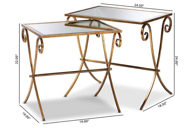 Justin Antique Gold Metal, Mirrored Glass 2-Piece Stackable Accent Tray Table Set iHome Studio