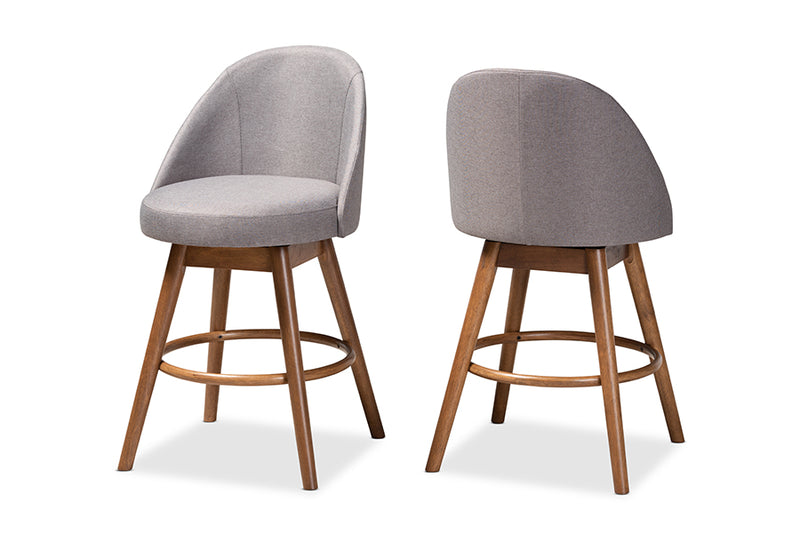 Carrie 2pcs Gray Fabric Upholstered Walnut-Finished Wood Swivel Counter Stool iHome Studio