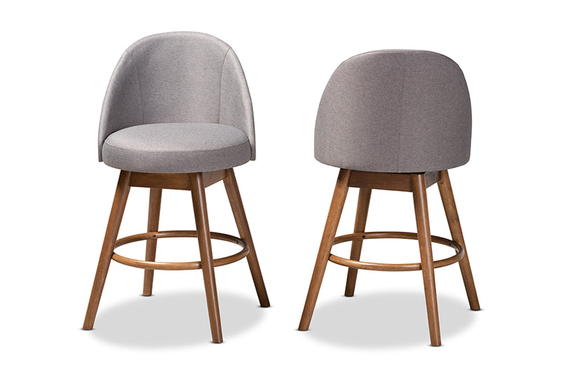 Carrie 2pcs Gray Fabric Upholstered Walnut-Finished Wood Swivel Counter Stool iHome Studio