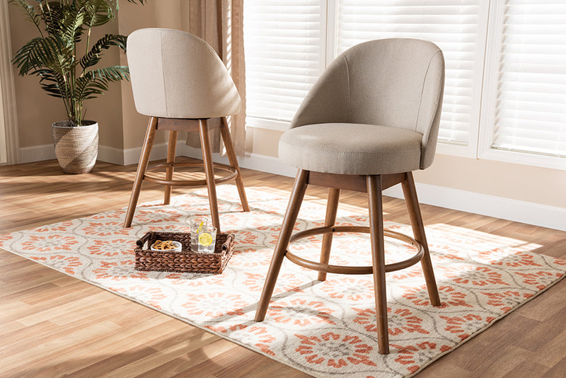 Carrie 2pcs Light Beige Fabric Upholstered Walnut-Finished Wood Swivel Counter Stool iHome Studio
