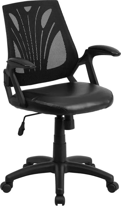 Aberdeen Mid-Back Black Mesh Swivel Home/Office Task Chair w/Leather Seat & Arms iHome Studio