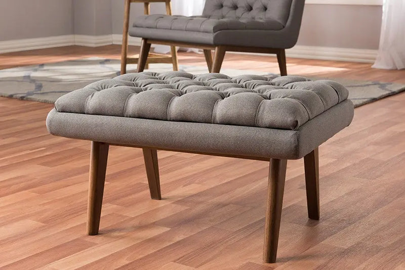 Alexander Grey Fabric Upholstered Walnut Finished Wood Ottoman iHome Studio