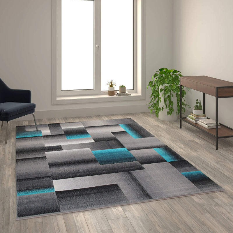 Angie Collection 6' x 9' Turquoise Color Blocked Area Rug - Olefin Rug with Jute Backing iHome Studio