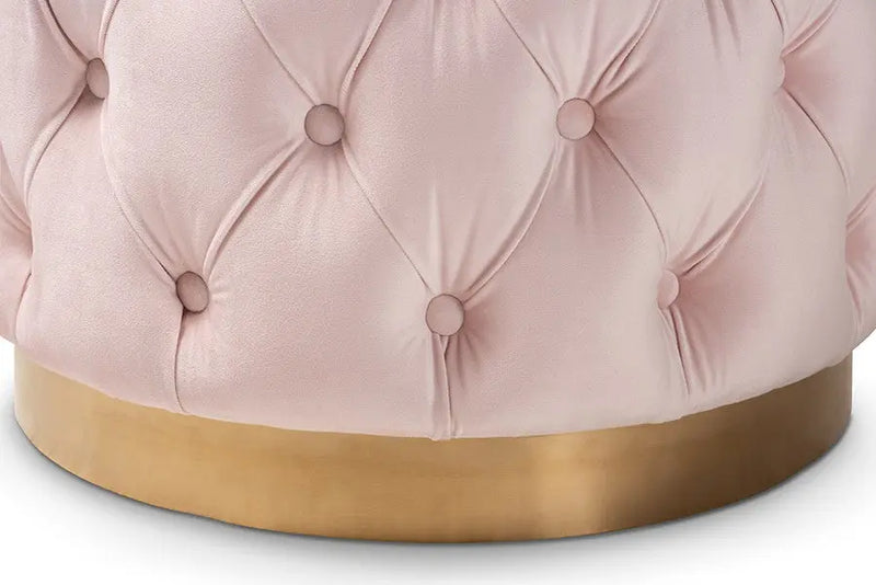 Bentley Light Pink Velvet Fabric Upholstered Gold-Finished Button Tufted Ottoman iHome Studio