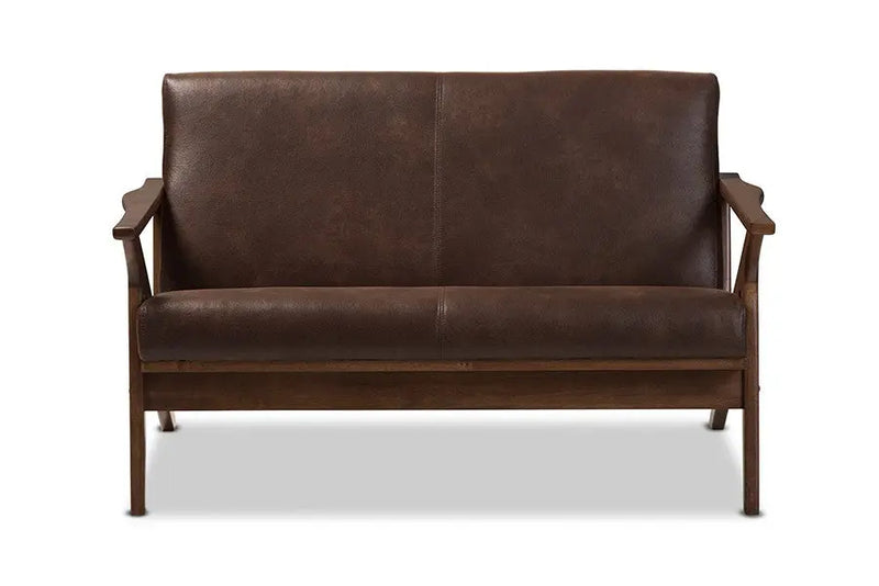 Bianca Walnut Wood Dark Brown Distressed Faux Leather 2-Seater Loveseat iHome Studio