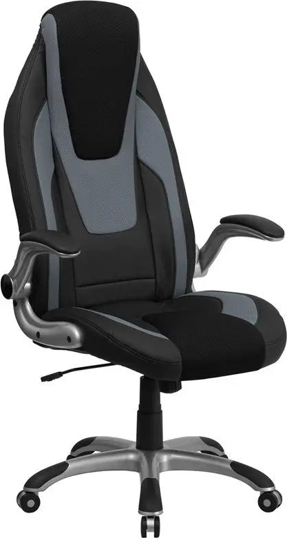 Bridgettine High-Back Black & Gray Vinyl Executive Swivel Chair w/Flip-Up Arms iHome Studio