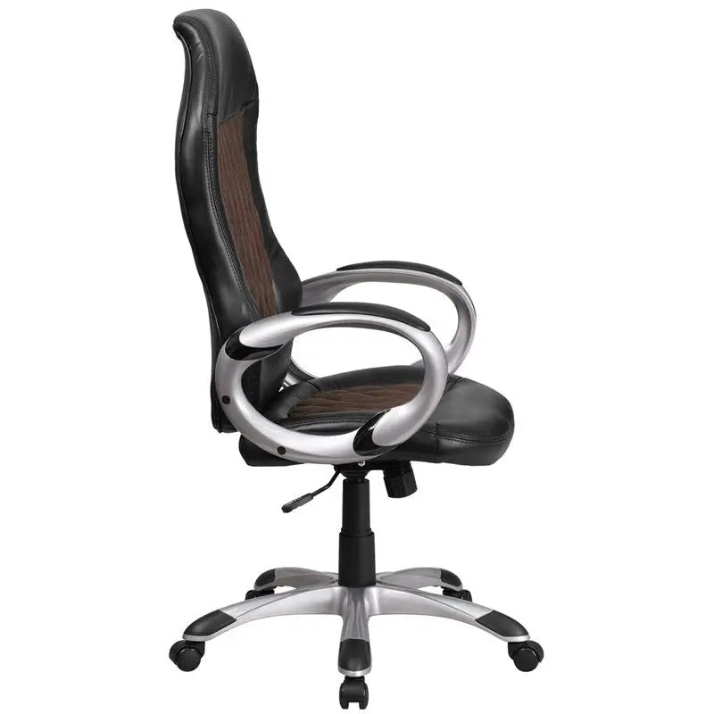 Bridgettine High-Back Brown Fabric & Black Vinyl Executive Swivel Chair w/Arms iHome Studio