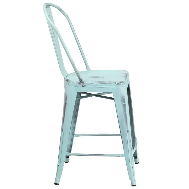 Brimmes 24"H Metal Counter Stool Distressed Green-Blue w/Curved Vertical Slat iHome Studio