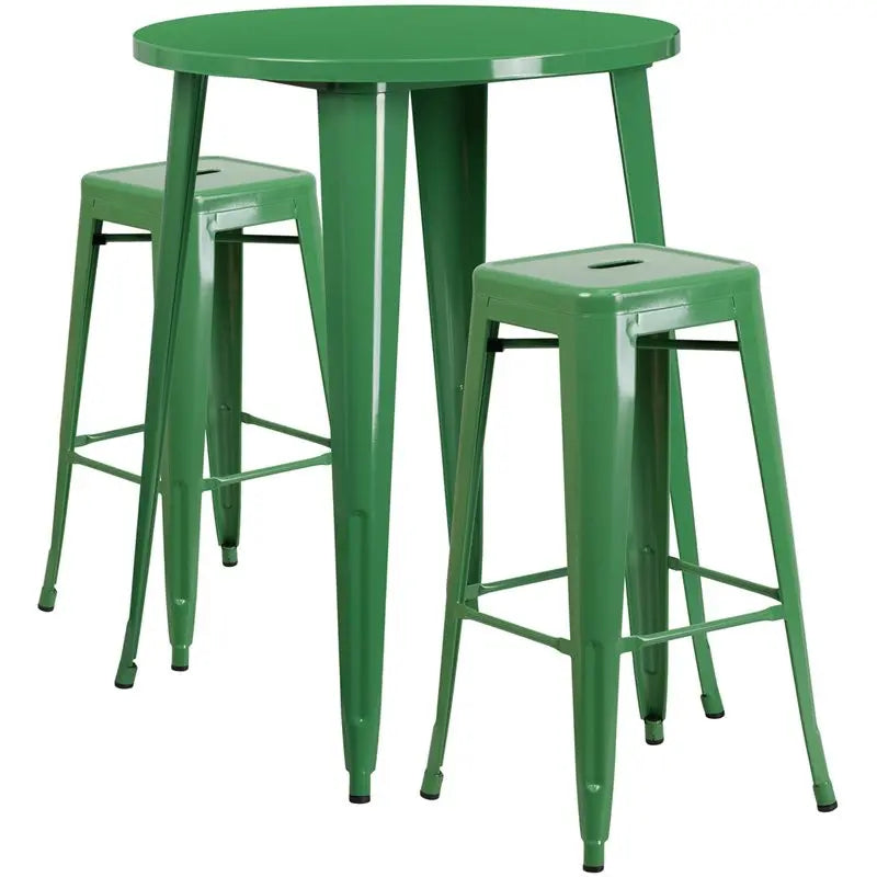 Brimmes 3pcs Round 30'' Green Metal Table w/2 Square Seat Backless Barstool iHome Studio