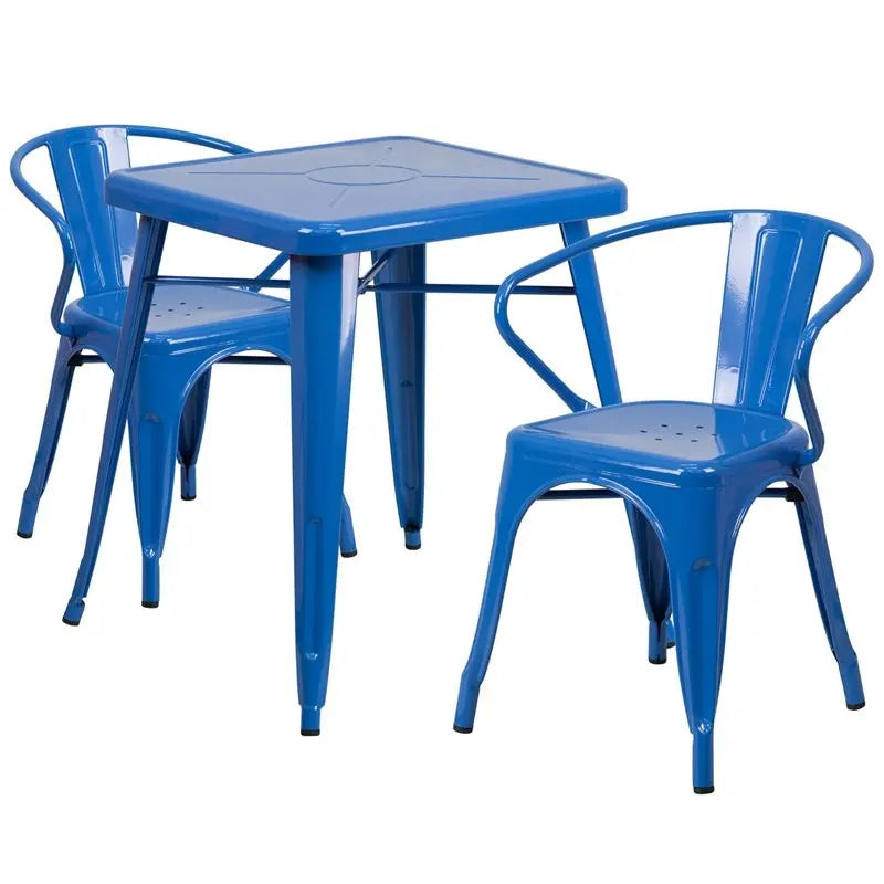 Brimmes 3pcs Square 23.75'' Blue Metal Table w/2 Arm Chairs iHome Studio