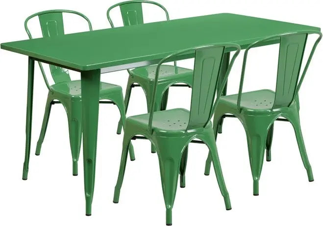 Brimmes 5pcs Rectangular 31.5'' x 63'' Green Metal Table w/4 Stack Chairs iHome Studio