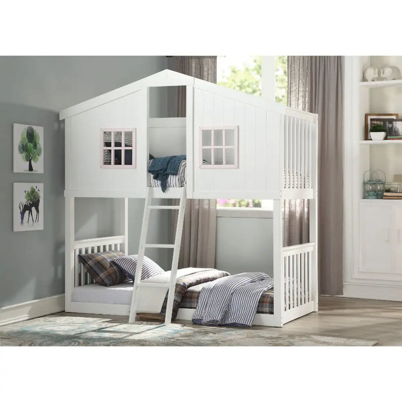 Cairo Cottage Twin/Twin Bunk Bed, White & Pink iHome Studio