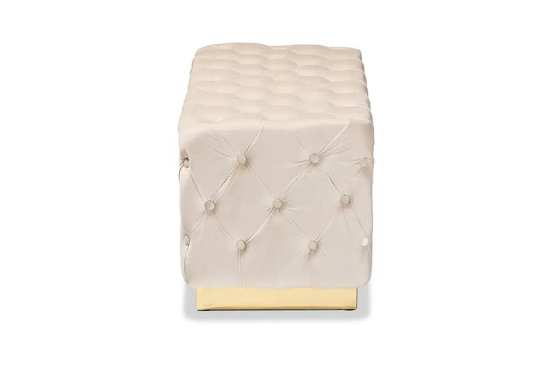 Cassandra Beige Velvet Fabric Upholstered/Gold PU Leather Ottoman iHome Studio
