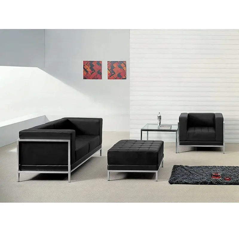 Chancellor "Gwen" Black Leather Loveseat, Chair & Ottoman Set 11, 3pcs iHome Studio
