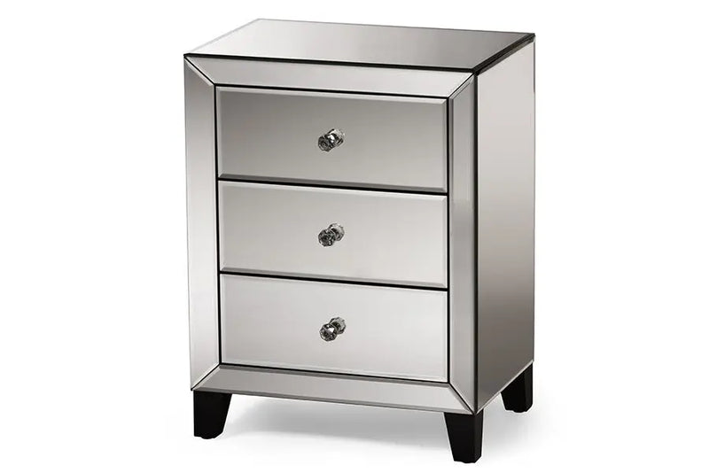 Chevron Hollywood Regency Glamour Style Mirrored 3-Drawers Nightstand Bedside Table iHome Studio