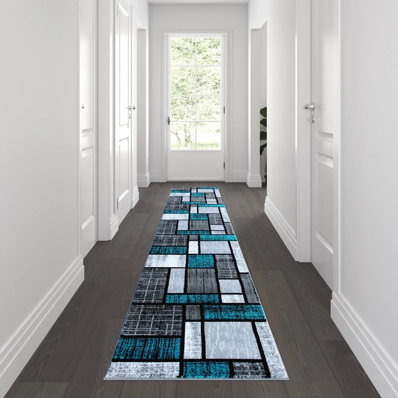 Clifton Collection 2' x 11' Turquoise Color Bricked Olefin Area Rug with Jute Backing iHome Studio