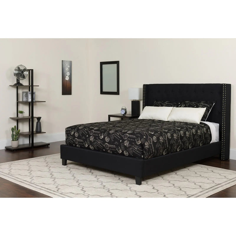 Darcy Tufted Upholstered Platform Bed, Black w/Mattress (Full) iHome Studio