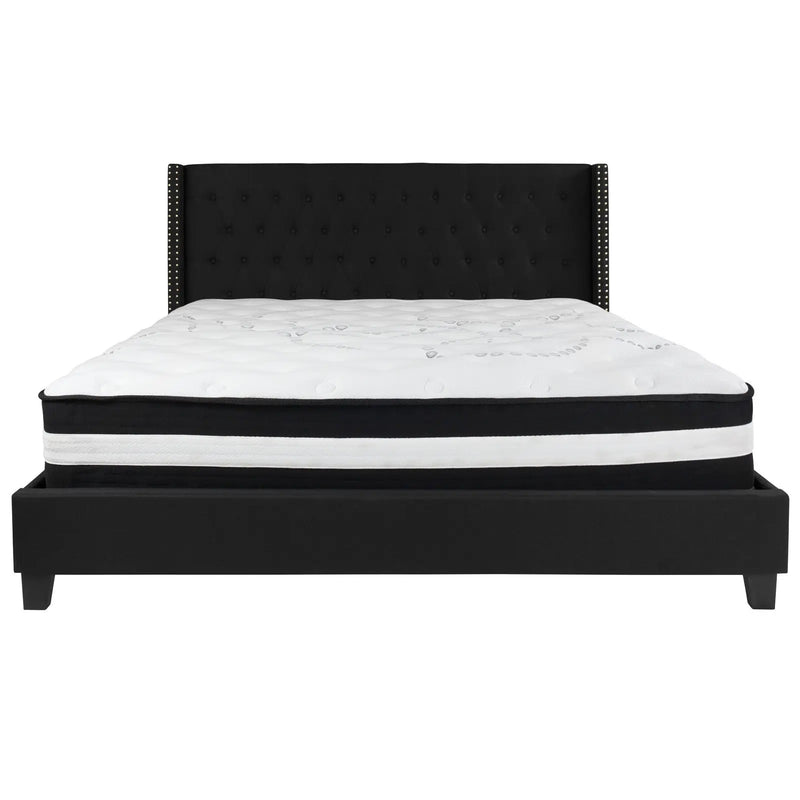 Darcy Tufted Upholstered Platform Bed, Black w/Mattress (King) iHome Studio
