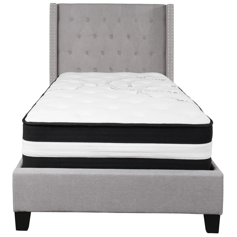 Darcy Tufted Upholstered Platform Bed, Light Gray w/Mattress (Twin) iHome Studio