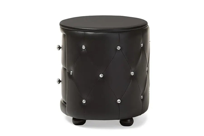 Davina Hollywood Glamour Style Oval 2-drawer Black Faux Leather Upholstered Nightstand iHome Studio