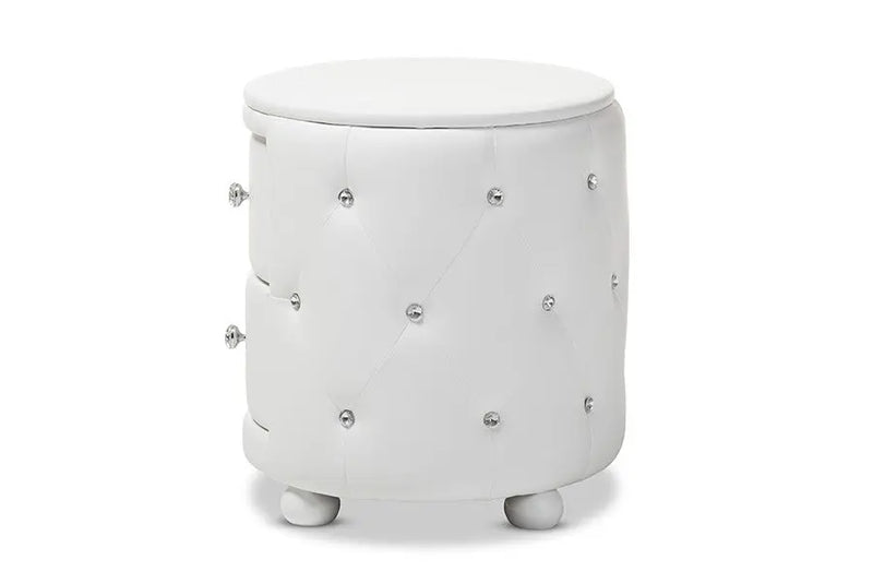 Davina Hollywood Glamour Style Oval 2-drawer White Faux Leather Upholstered Nightstand iHome Studio