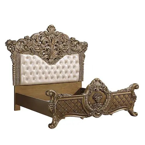 Demi King Bed, Faux Leather, Light Gold, Brown & Gold Finish iHome Studio