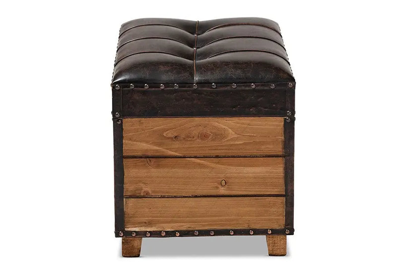 Dominic Dark Brown Faux Leather Upholstered 2-Piece Wood Storage Trunk Ottoman Set iHome Studio