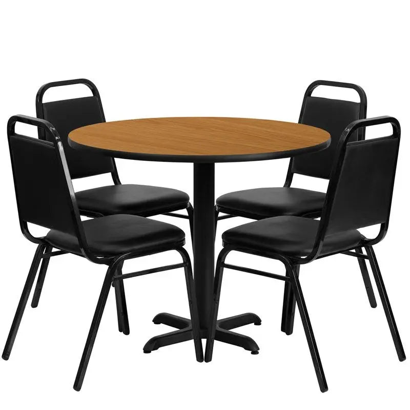 Dyersburg 5pcs Table Set Round 36" Natural Laminate X-Base, Black Banquet Chair iHome Studio