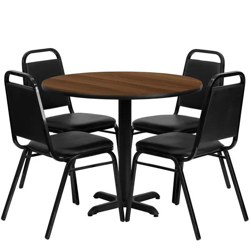 Dyersburg 5pcs Table Set Round 36" Walnut Laminate X-Base, Black Banquet Chair iHome Studio