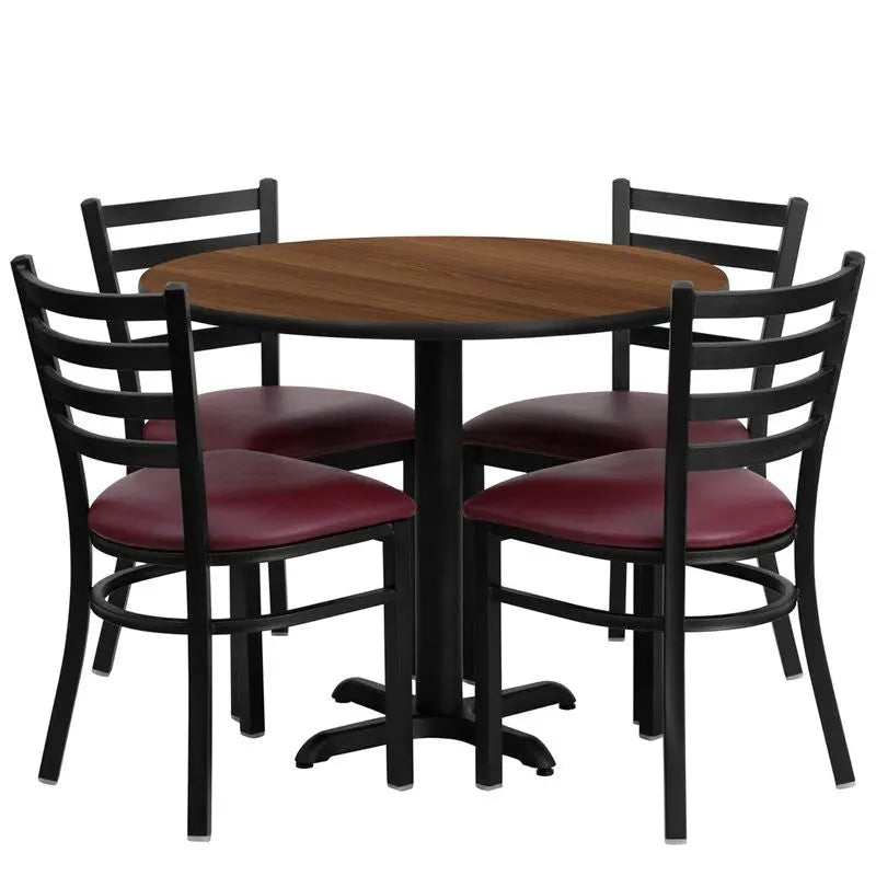 Dyersburg 5pcs Table Set Round 36" Walnut Laminate X-Base, Burgundy Chair iHome Studio