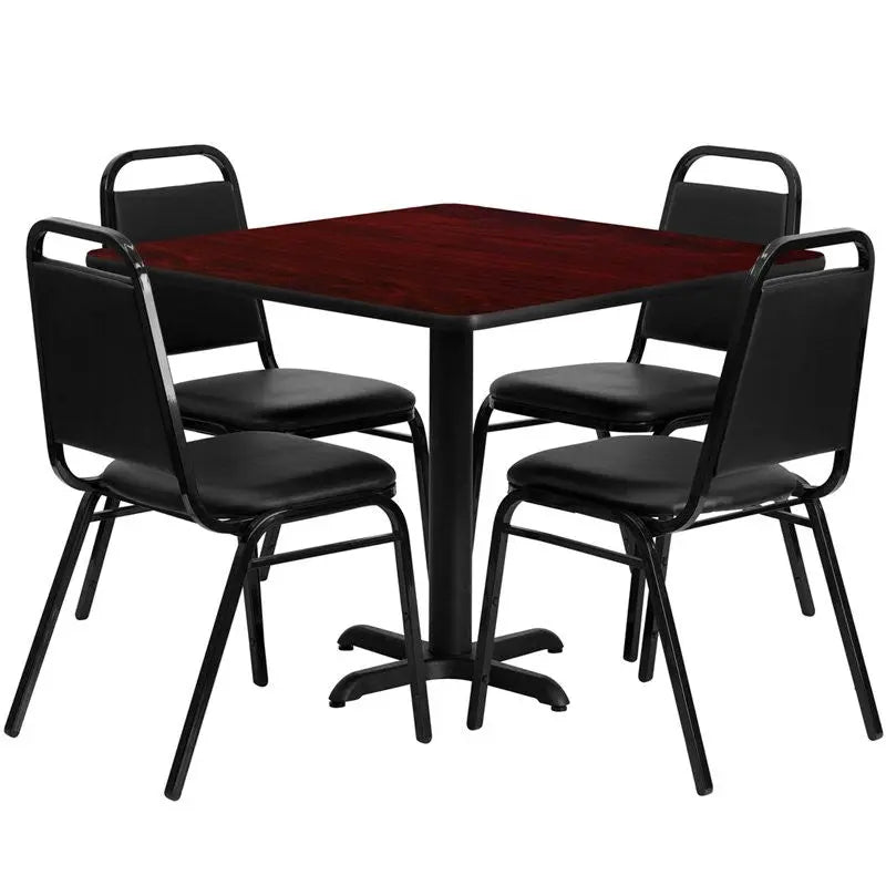 Dyersburg 5pcs Table Set Square 36" Mahogany Laminate X-Base,Black Banquet Chair iHome Studio