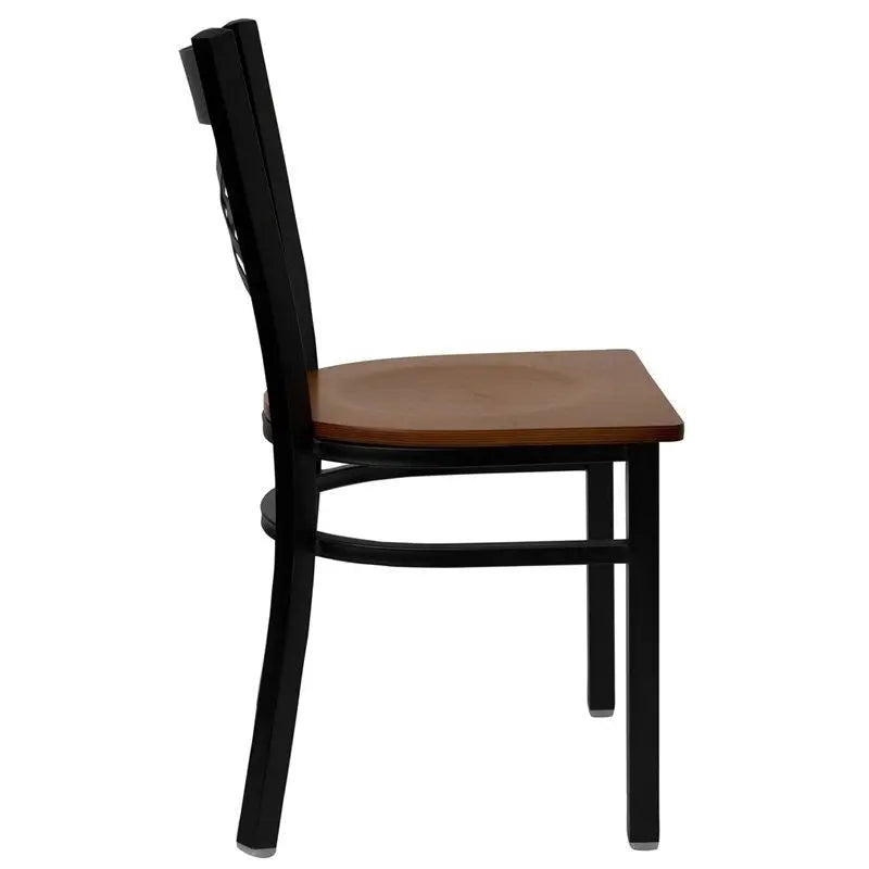 Dyersburg Metal Chair Black ''X'' Style Back, Cherry Wood Seat iHome Studio