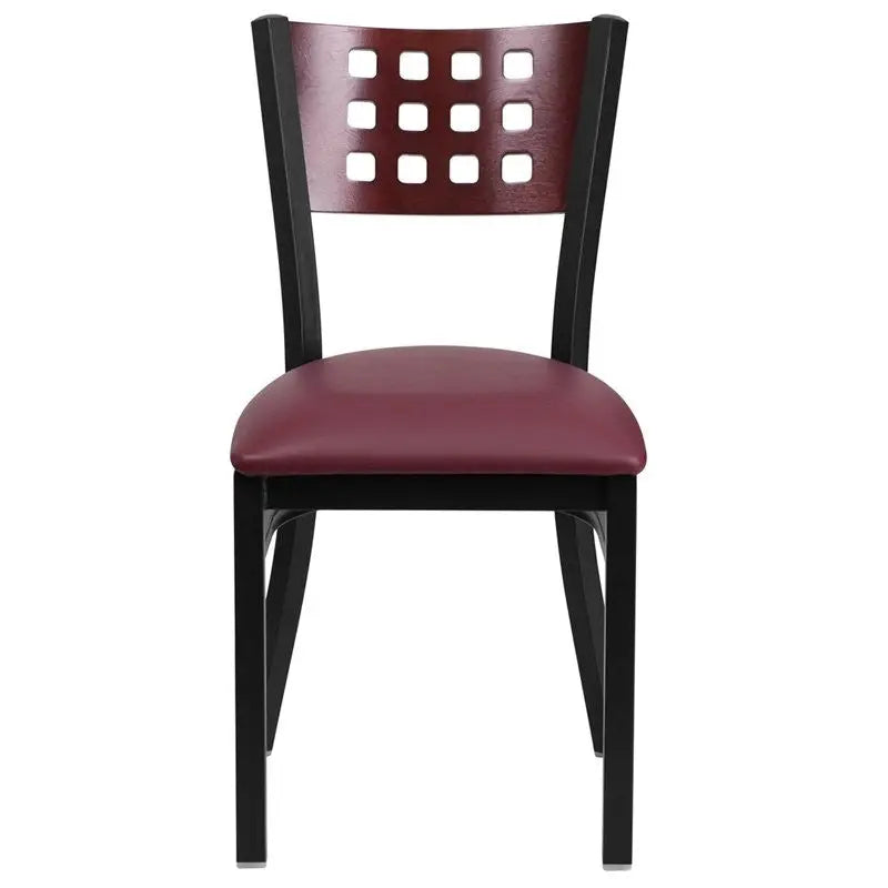 Dyersburg Metal Chair Black Cutout Back, Mahogany Wood Back, Burgundy Vinyl Seat iHome Studio