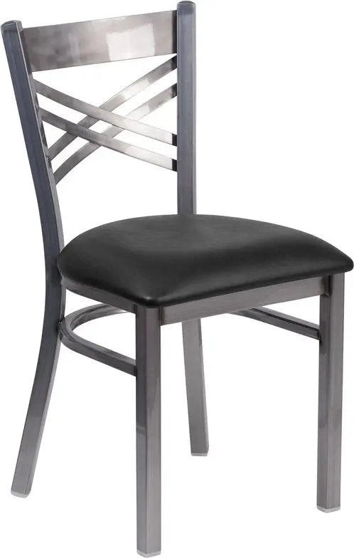 Dyersburg Metal Chair Clear Coat ''X'' Style Back, Black Vinyl Seat iHome Studio