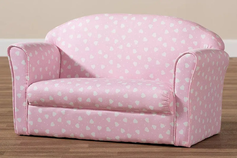 Erica Pink and White Heart Patterned Fabric Upholstered Kids 2-Seater Sofa iHome Studio