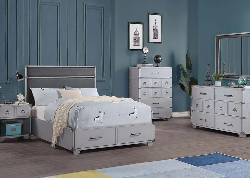 Graham Twin Bed w/Storage, Gray Faux Leather & Gray iHome Studio